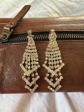 Vintage Art Deco Style Silver Tone Rhinestone Tassel Chandelier Clip-On Earrings